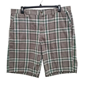 Free World Men's Big & Tall‎ Gray Green Plaid Cotton 12" Flat Front Shorts Sz 40